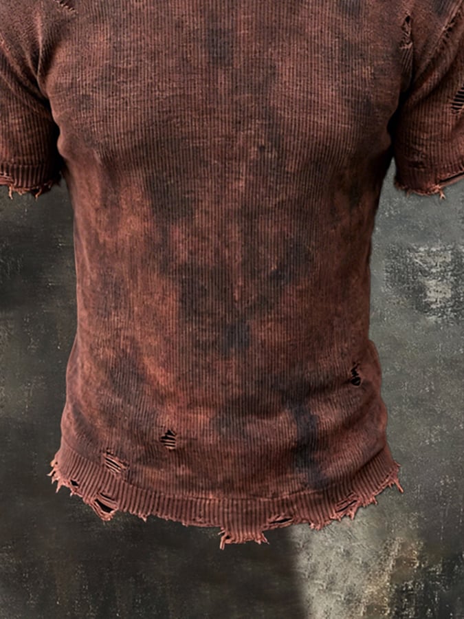 Camiseta retro Washed desgastado Ripped tejido de manga corta para hombre