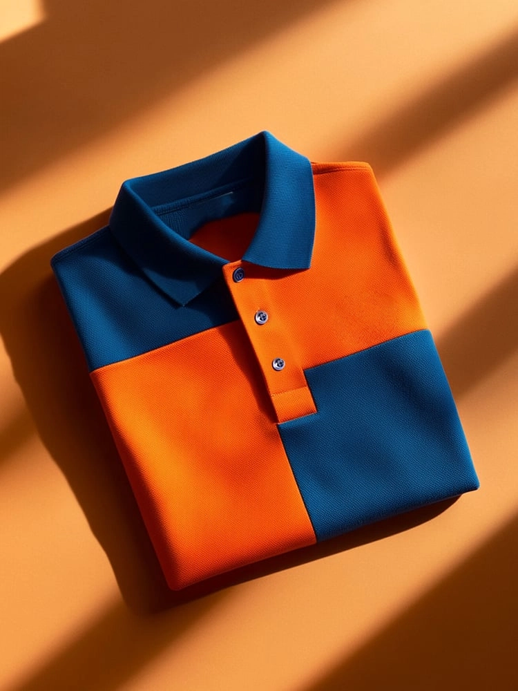Camisa polo ejecutivo casual Orange Blue Block Logo Button de manga corta para hombre