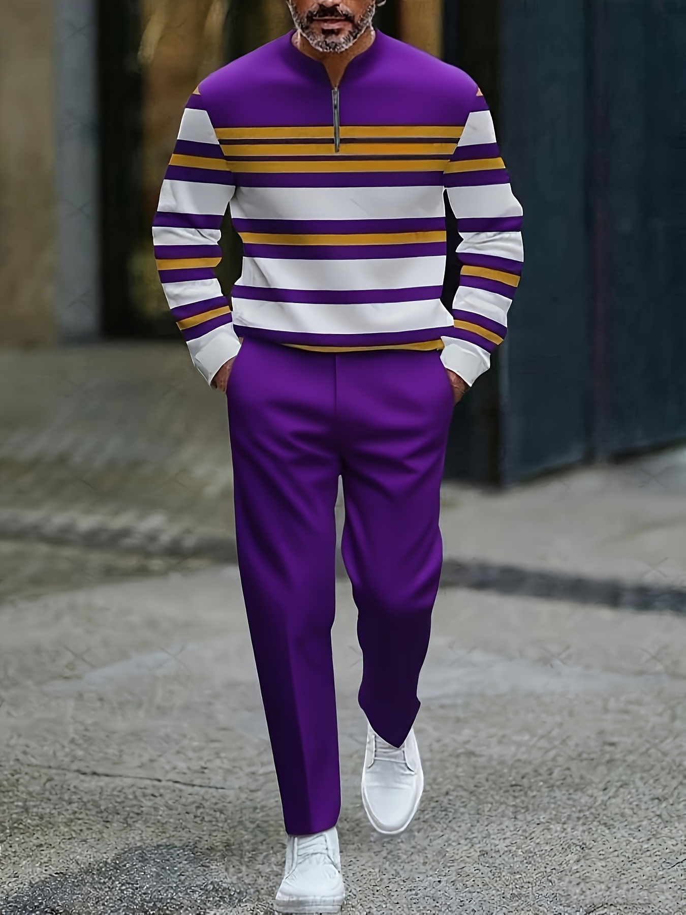 Conjunto de dos piezas casual Purple & White Color Matching a rayas estampado Round-Neck cierre de manga larga Tops & Trousers para hombre