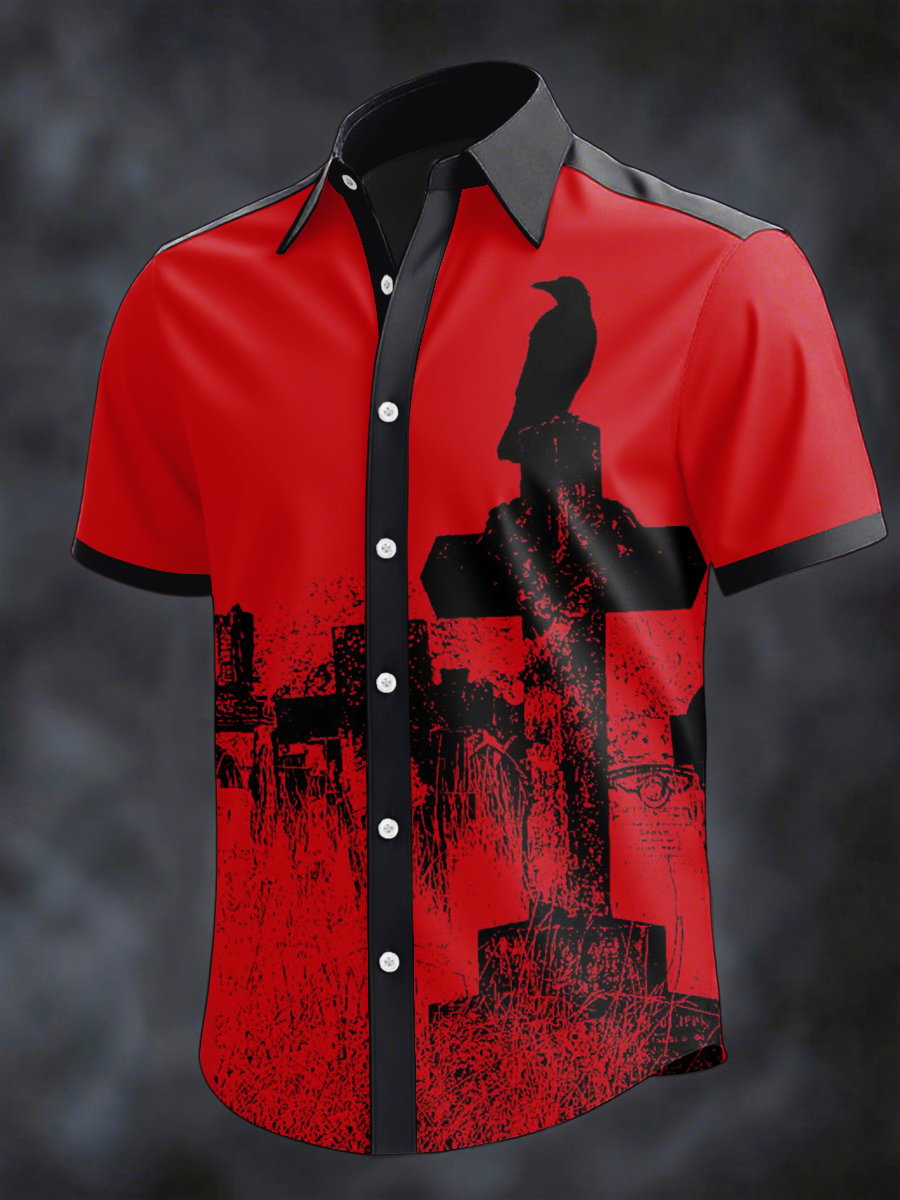 Camisa retro Horror Skull estampado solapa de manga corta para hombre