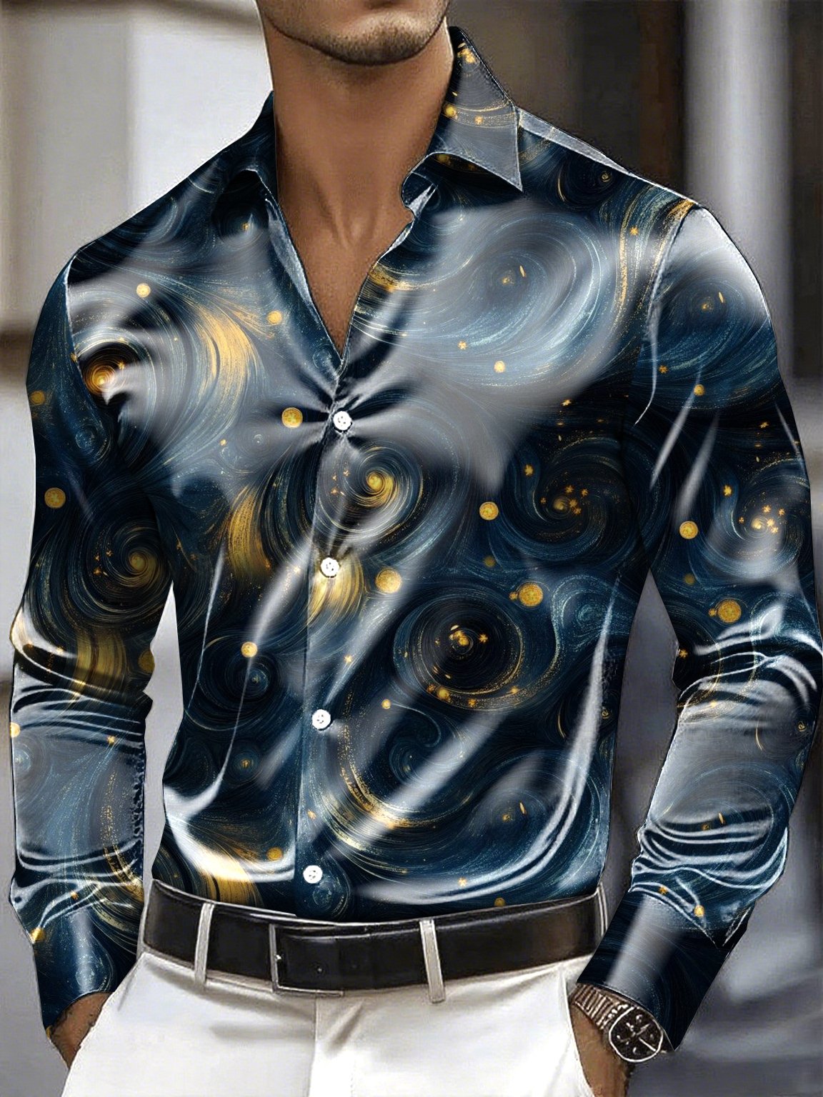 Camisa satén Luxe de manga larga con botones para hombre