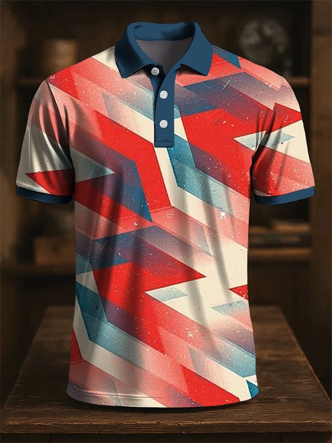 Camisa polo casual en bloques de color estampado de manga corta para hombre