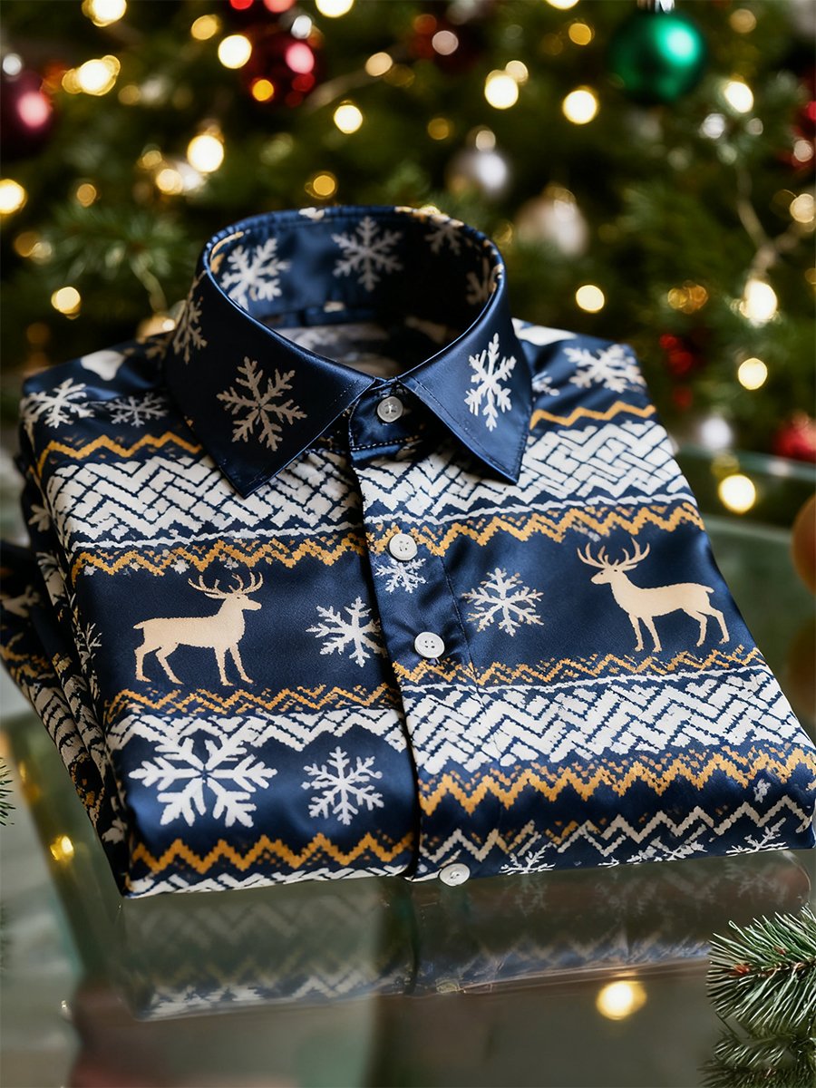 Camisa Christmas de manga larga con botones para hombre