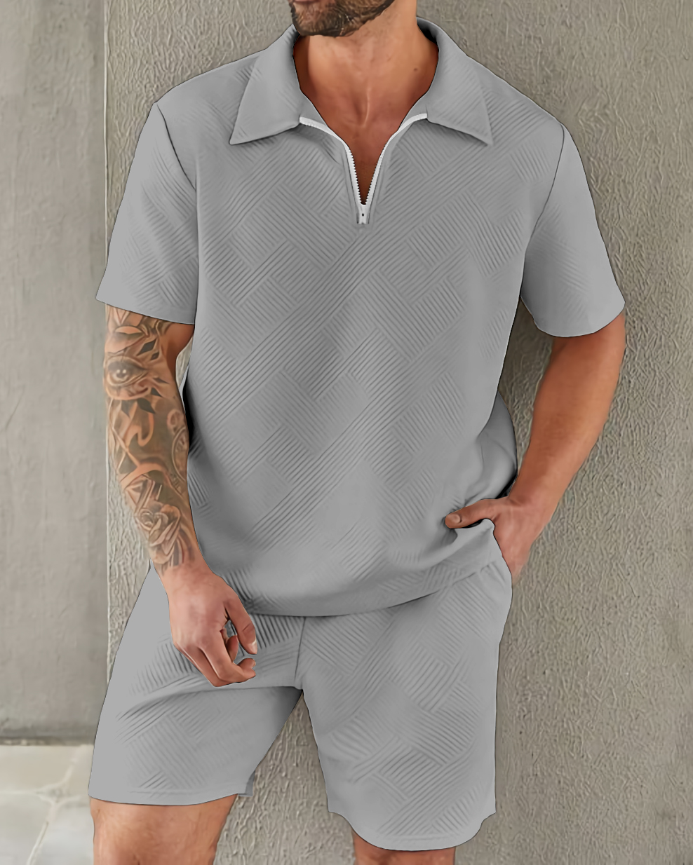 Suitmens clásico Elegant Simple Plain Texture Zipper Polo Set