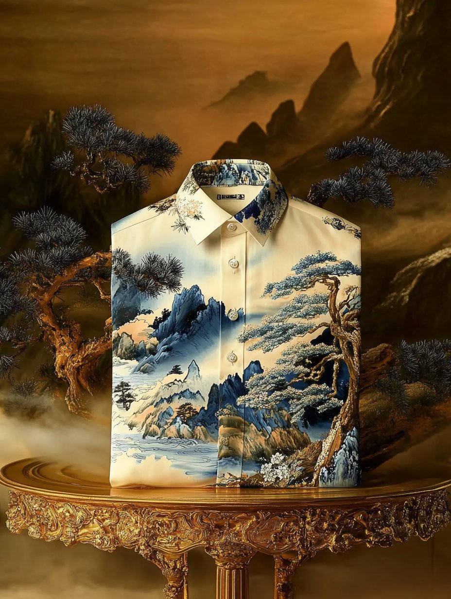 Camisa de lujo clásico Ukiyo-e de manga larga para hombre
