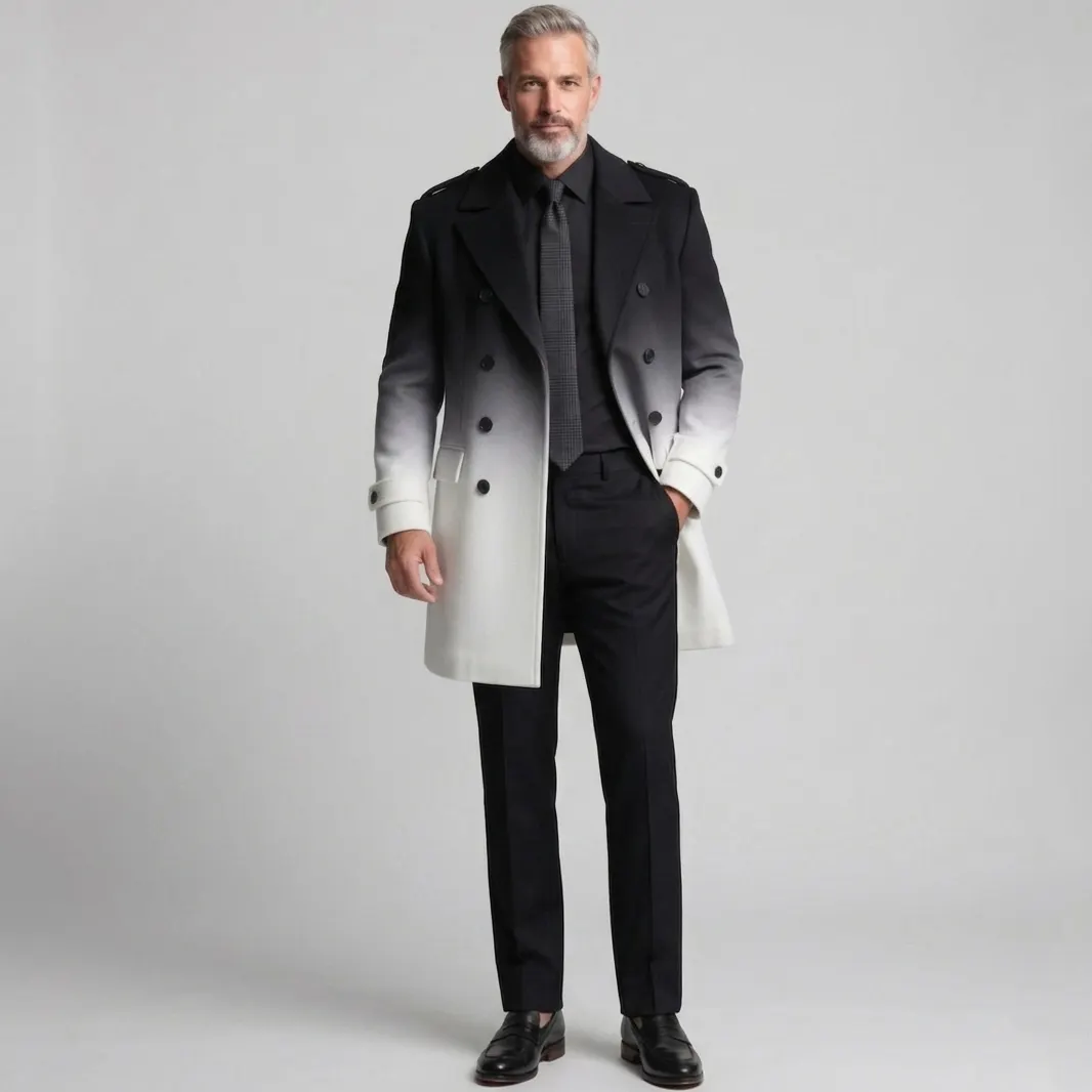para hombre Black And White Gradient Double Breasted Notch Lapel Woolen Trench Coat