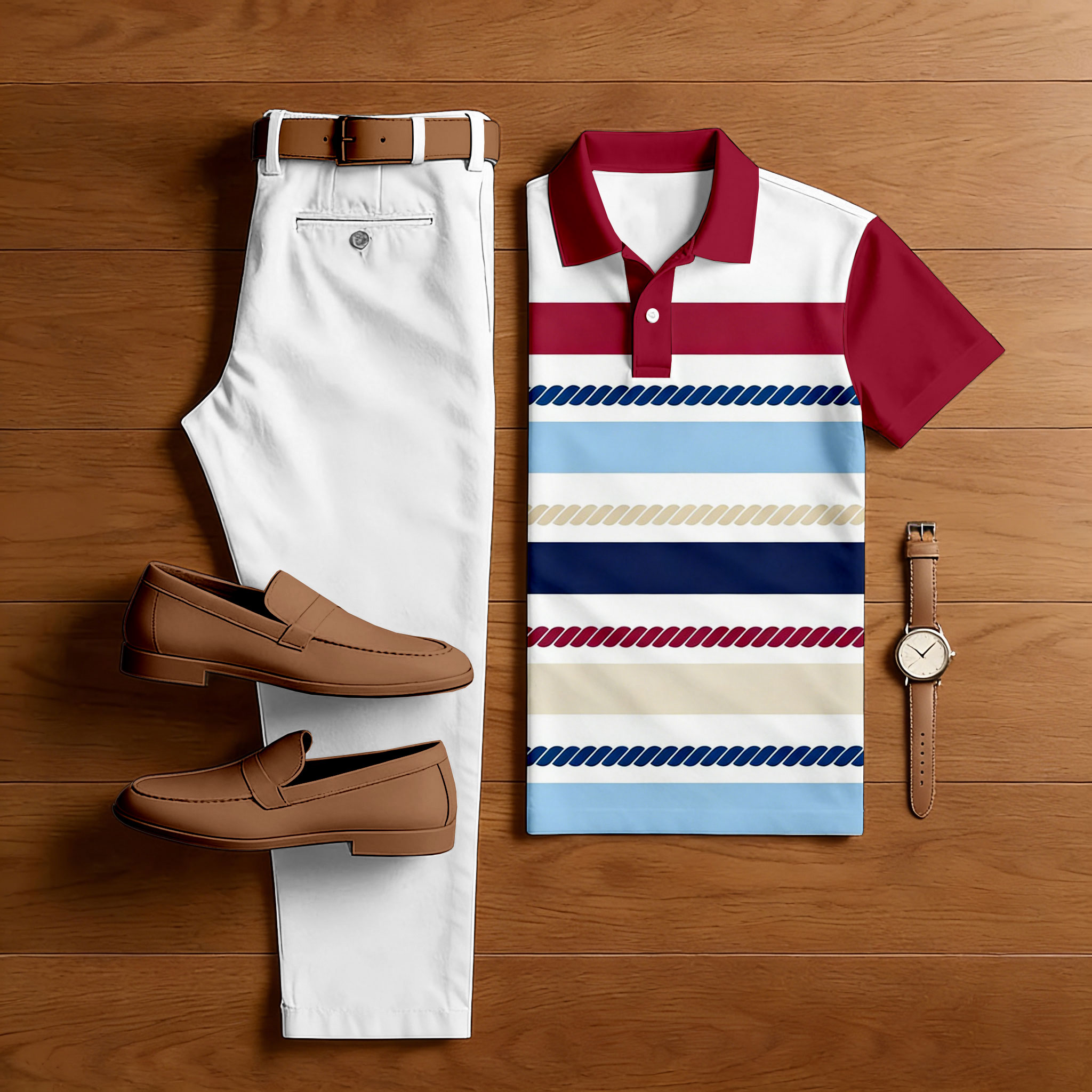 Conjunto de dos piezas casual White & Maroon Multi Color Matching a rayas estampado de manga corta camisa polo & Trousers para hombre
