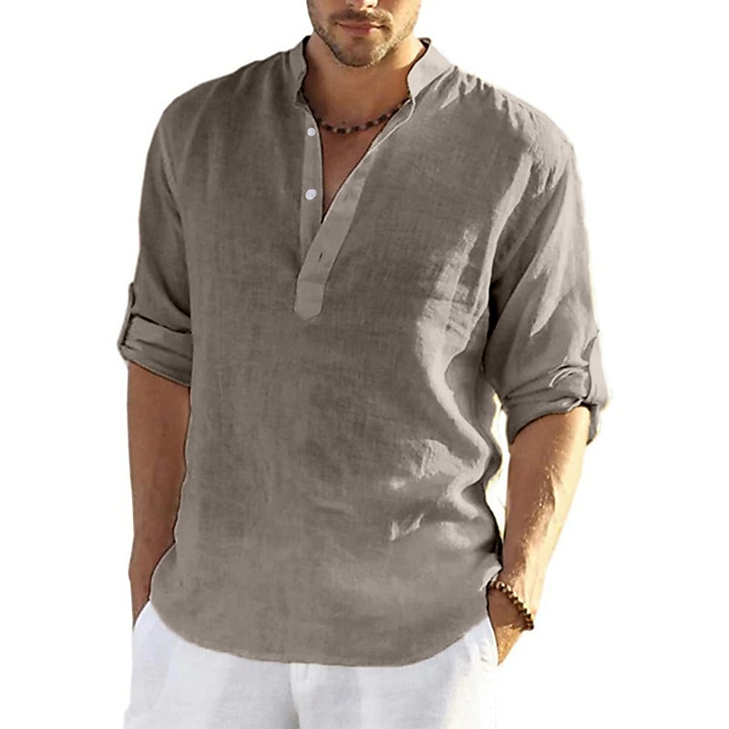 Camisa de lino camisa Band cuello camisa Popover camisa Summer camisa Beach Wear de color sólido hawaiano Holiday Black White Yellow Pink de manga larga Henley Summer Spring Clothing Apparel con botones para hombre - vista 14