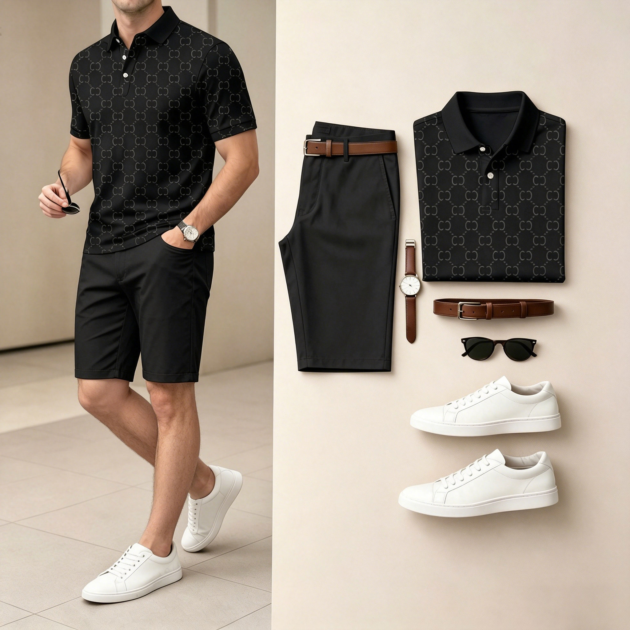 Conjunto de dos piezas casual Black Color camisa polo & shorts para hombre