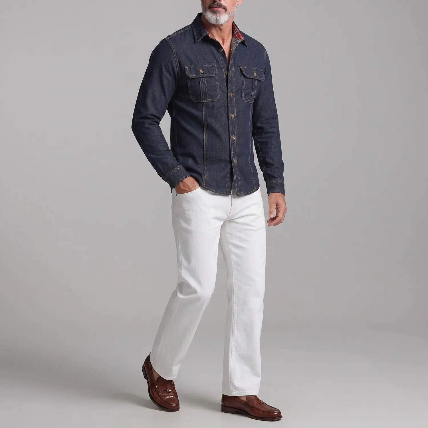para hombre Navy Blue Denim Chest Flap Pockets Button-up de manga larga camisa