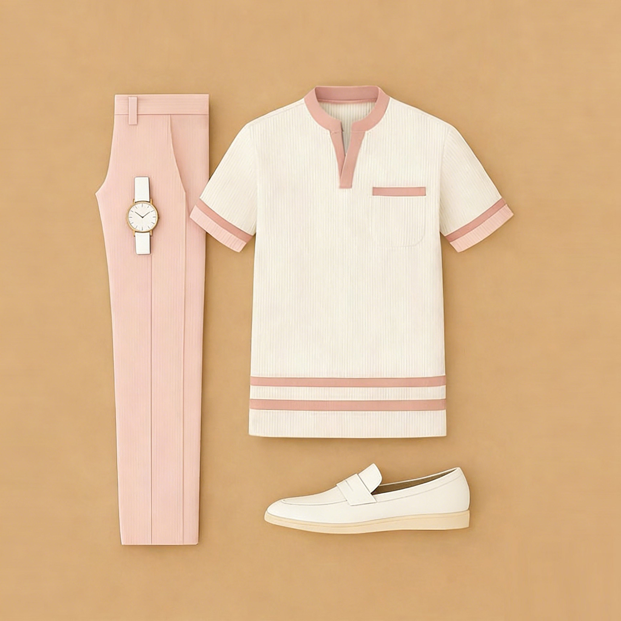 Conjunto de dos piezas casual Pink & Beige Color Matching estampado de manga corta Henry cuello camiseta & Trousers para hombre