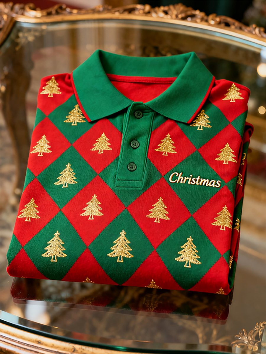 Camisa polo Christmas a cuadros de manga larga para hombre