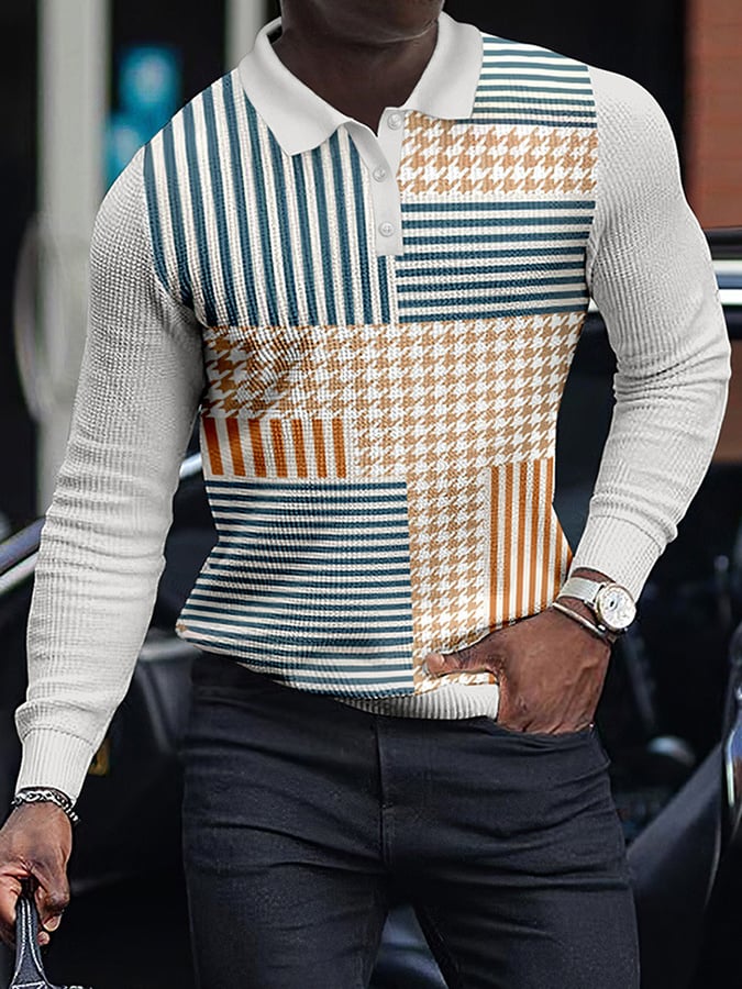 Camisa polo Colorblocked rayas casual Waffle de manga larga para hombre