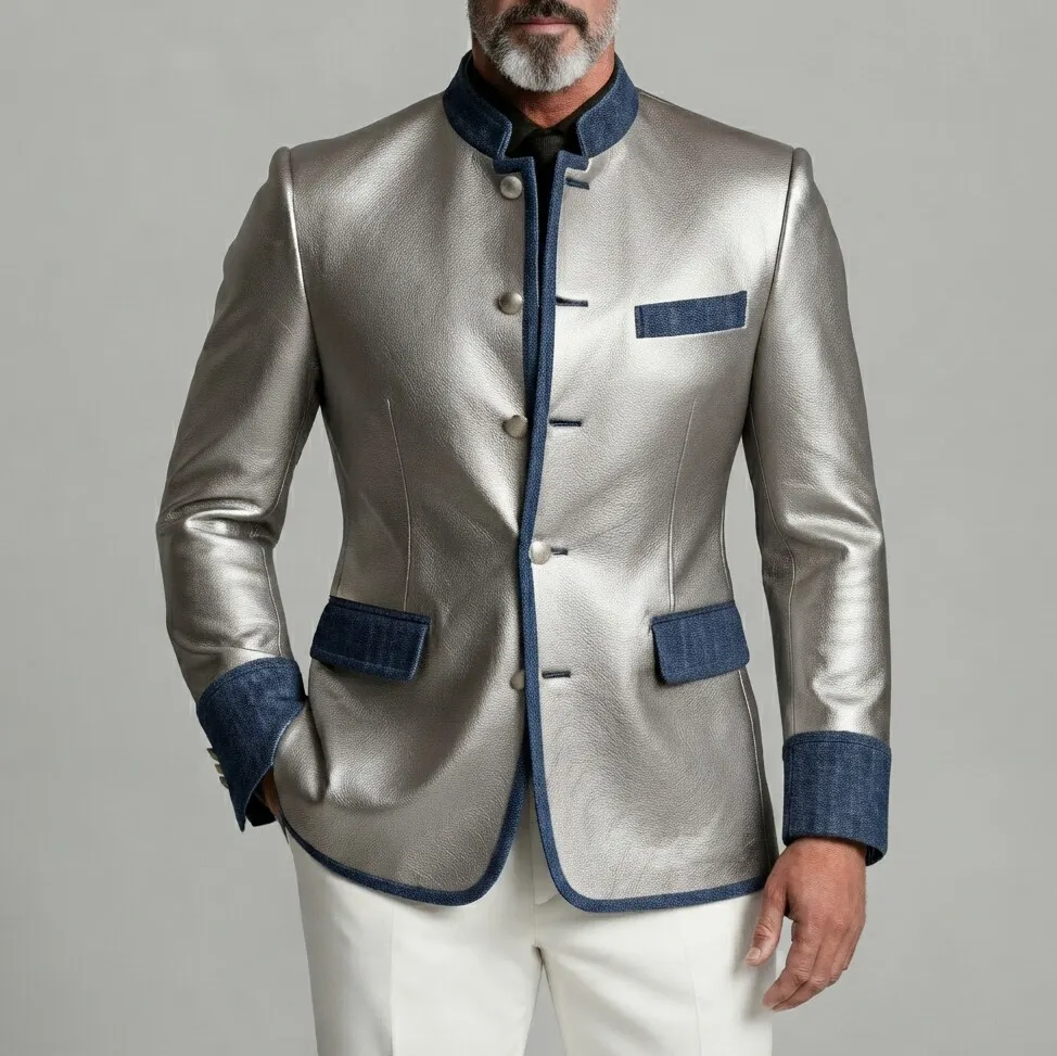 para hombre vintage Silver Mandarin Collar Single Breasted Denim Trim de corte entallado PU Leather chaqueta