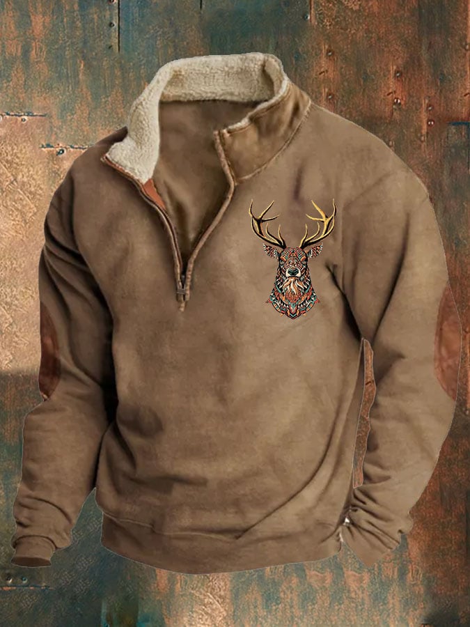 Sudadera retro Western estampado cierre Stand cuello para hombre