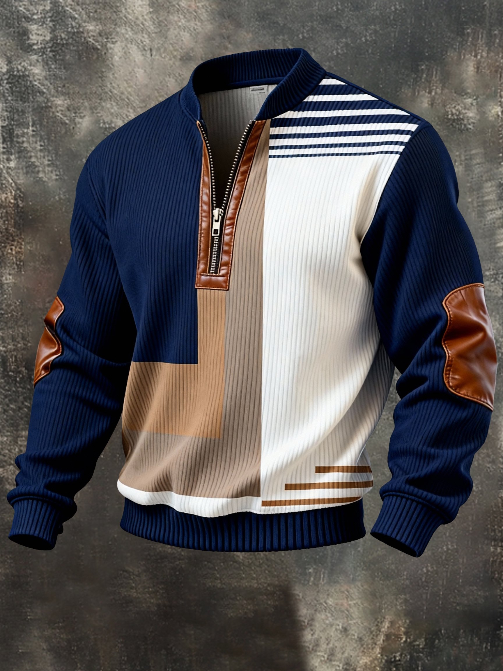 Sudadera vintage Color-Block estampado con cierre con gorrasucha para hombre