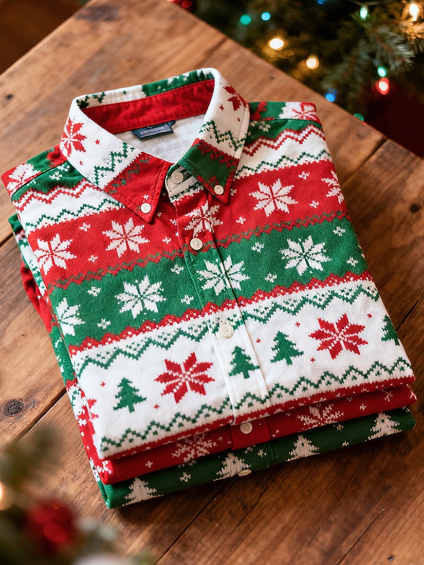 Camisa Christmas de manga larga con botones para hombre