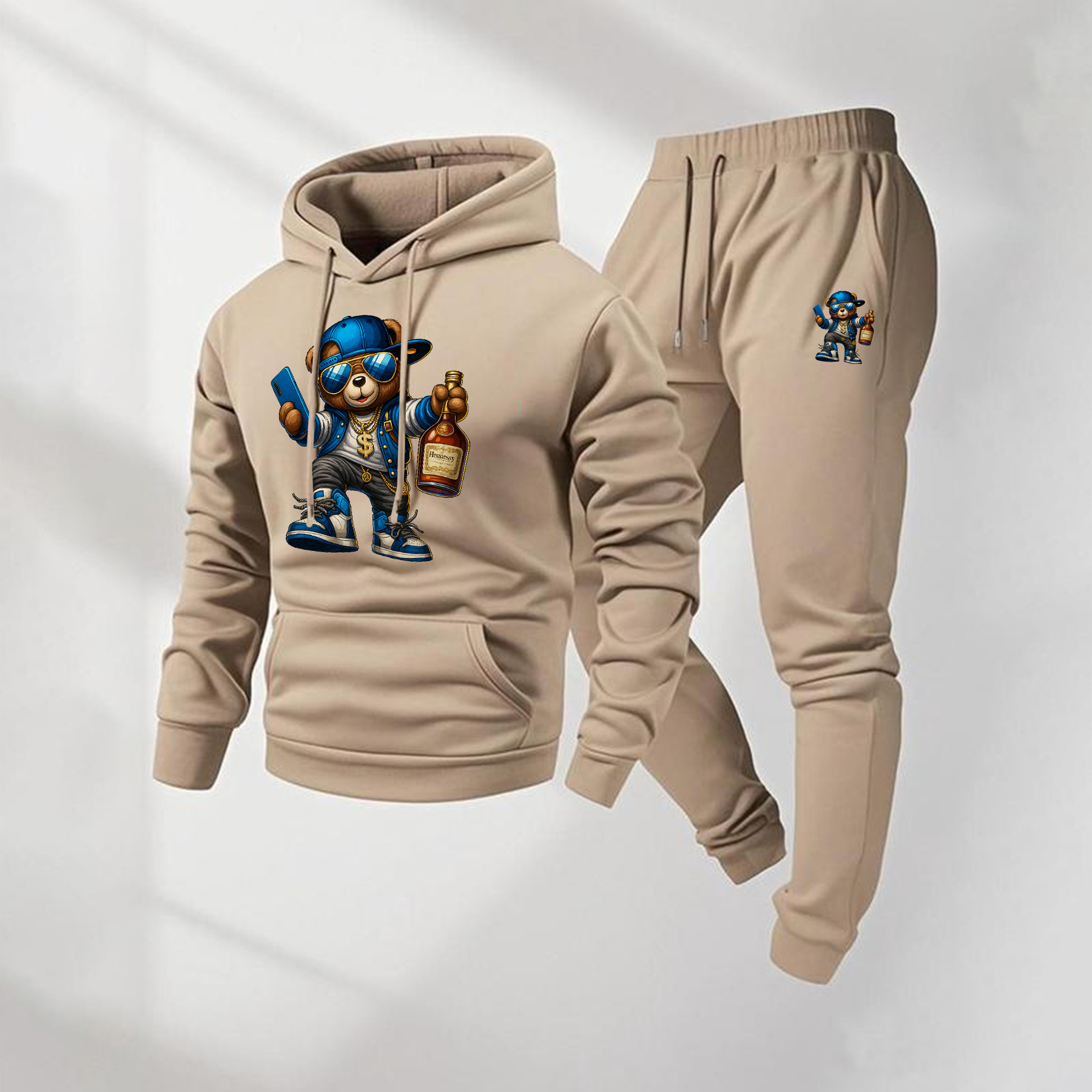 Sudadera con capucha Cartoon Bear Patterned And Drawstring Track pantalón Set, casual Athletic de manga larga Hooded chaqueta And pantalón, Suitable For Fall And Winter, Street Style sudadera con capucha Set, Everyday Wear, Indoor And para exterior Sportswear, para hombre