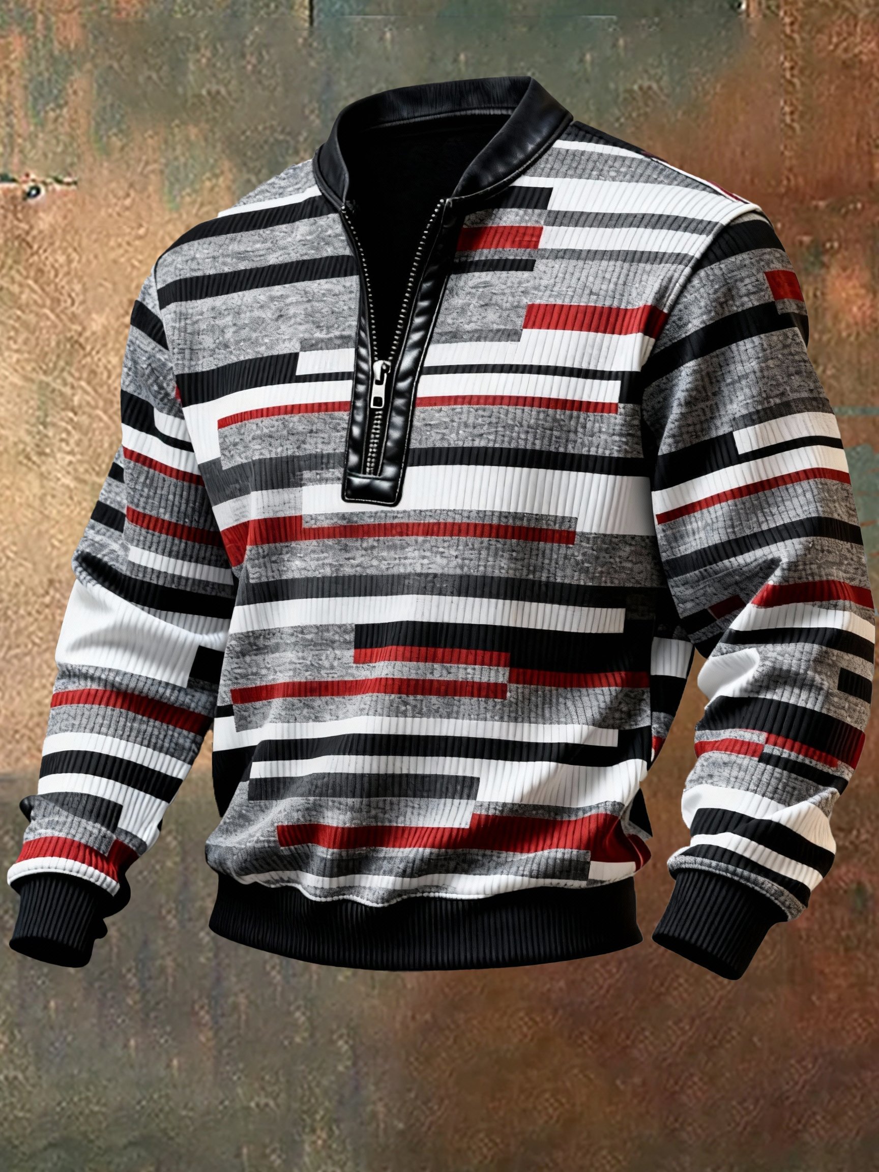 Sudadera casual retro Contrast Color Half Zip Stand cuello de manga larga para hombre
