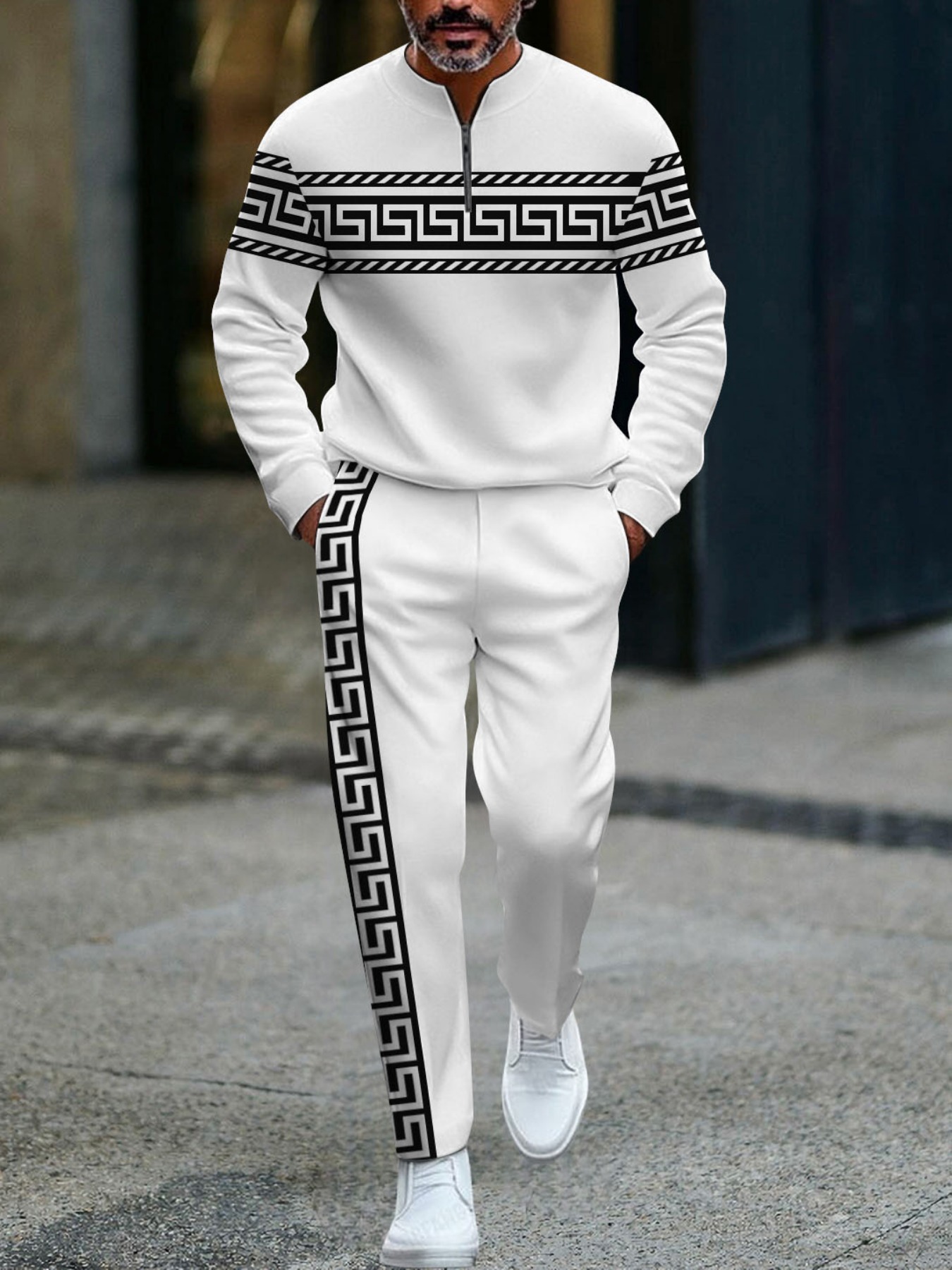 Conjunto de dos piezas casual Black & White Color Matching Baroque estampado Round-Neck Zipper de manga larga sudadera & Trousers para hombre