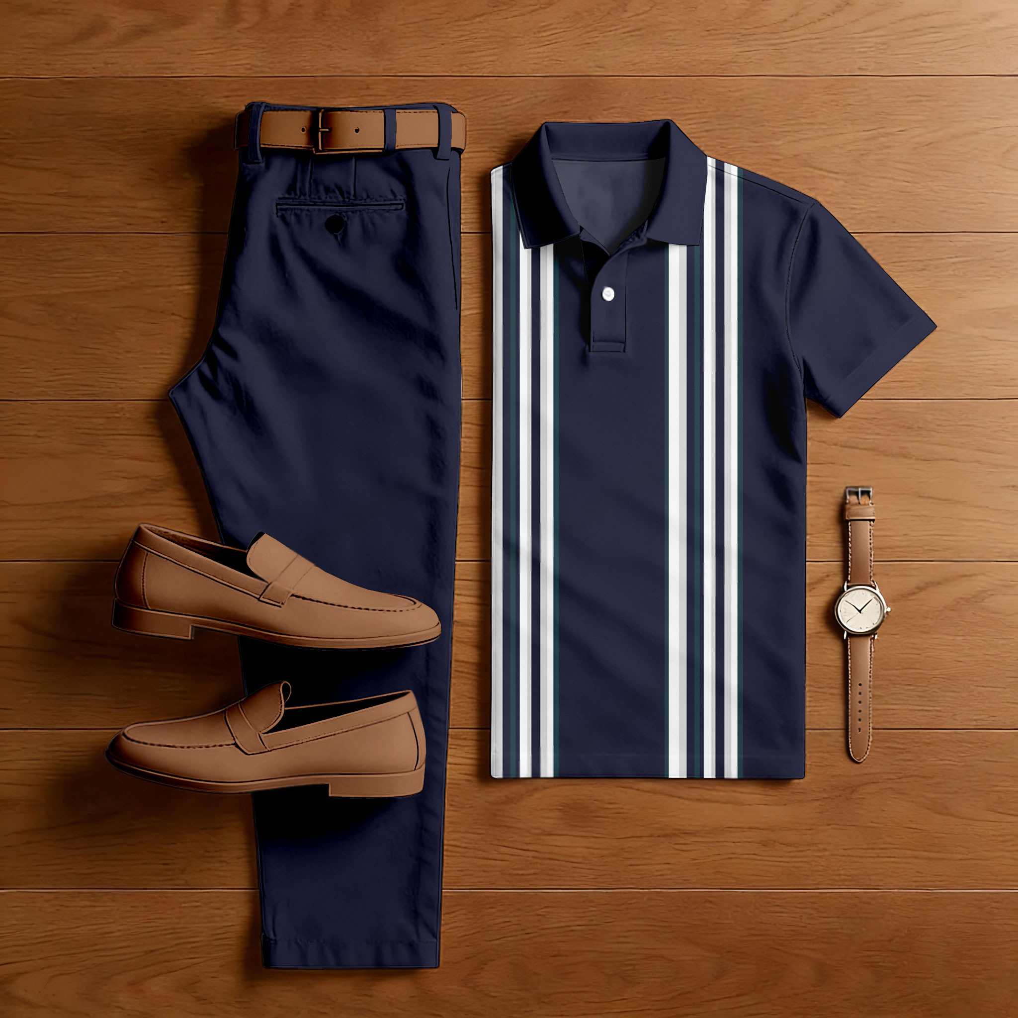 Conjunto de dos piezas Navy Blue & White casual Color Matching a rayas estampado de manga corta camisa polo & Trousers para hombre