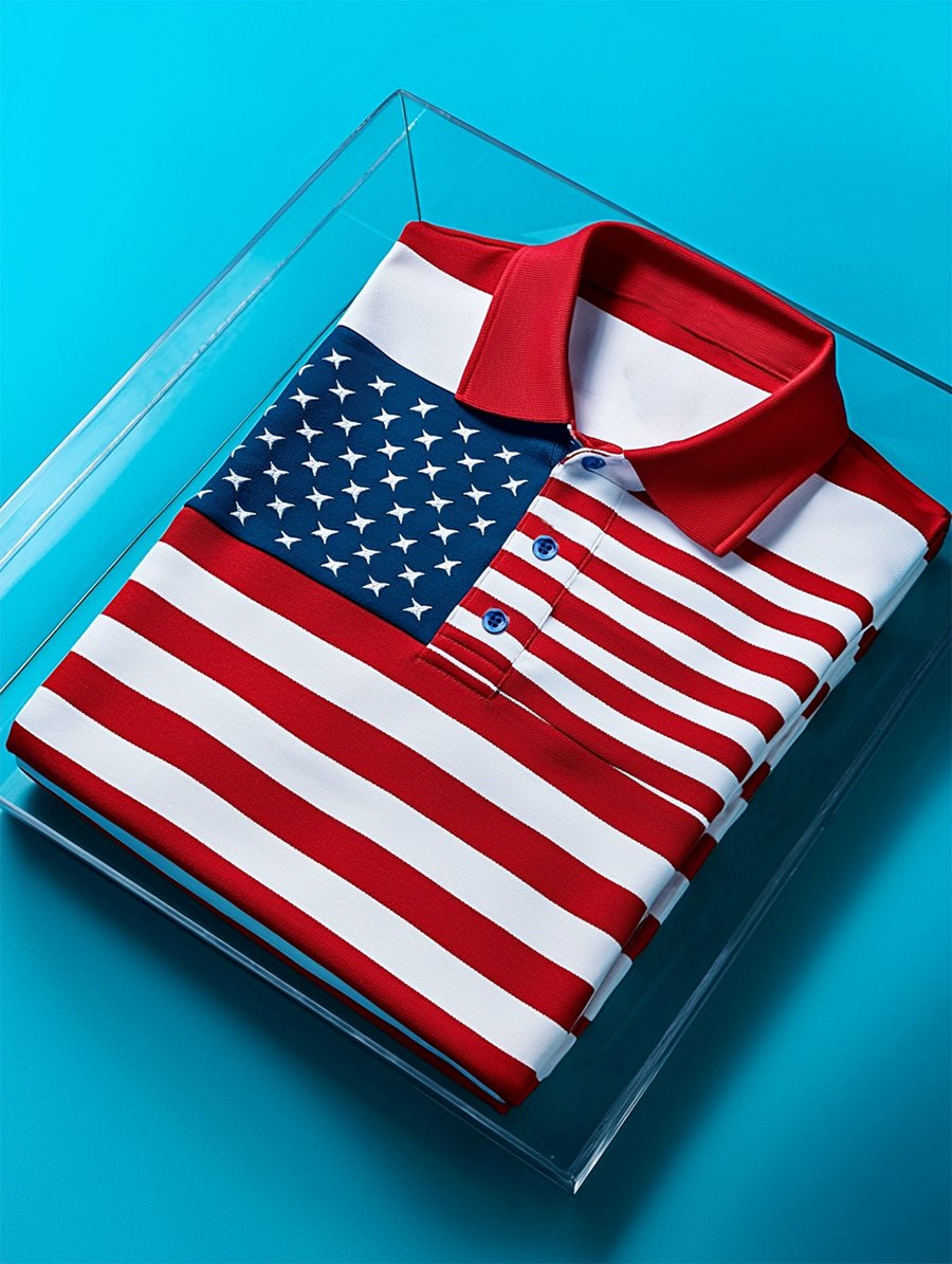 Camisa polo ejecutivo casual Independence Day a rayas Button de manga corta para hombre