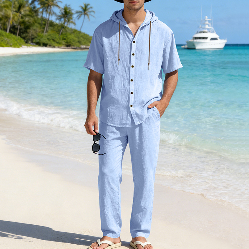 Conjunto de dos piezas de lino casual Hooded de manga corta camisa and holgado pantalón Set, Lightweight transpirable Summer Beach Vacation Outfit, Drawstring Relaxed Fit for para uso diario Wear Travel Resort Loungewear Comfortable elegante Summer Outfit para hombre