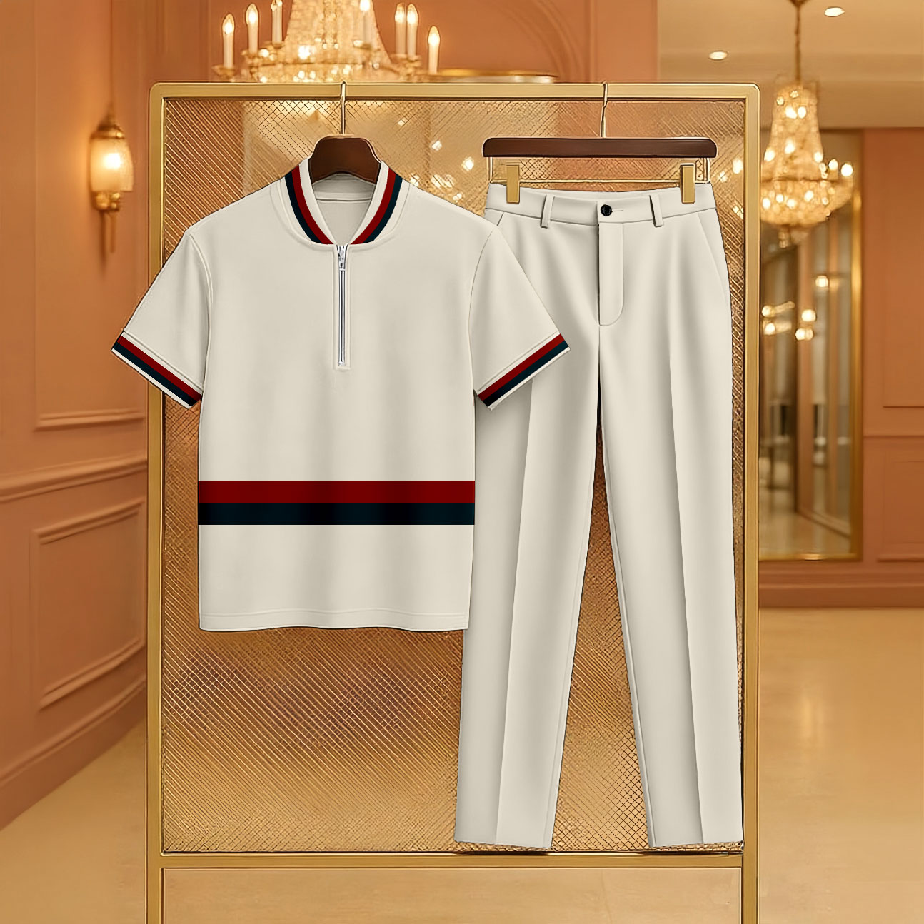 Conjunto de dos piezas casual Black & Red Color Matching a rayas estampado cierre de manga corta camisa polo & Trousers Khaki para hombre