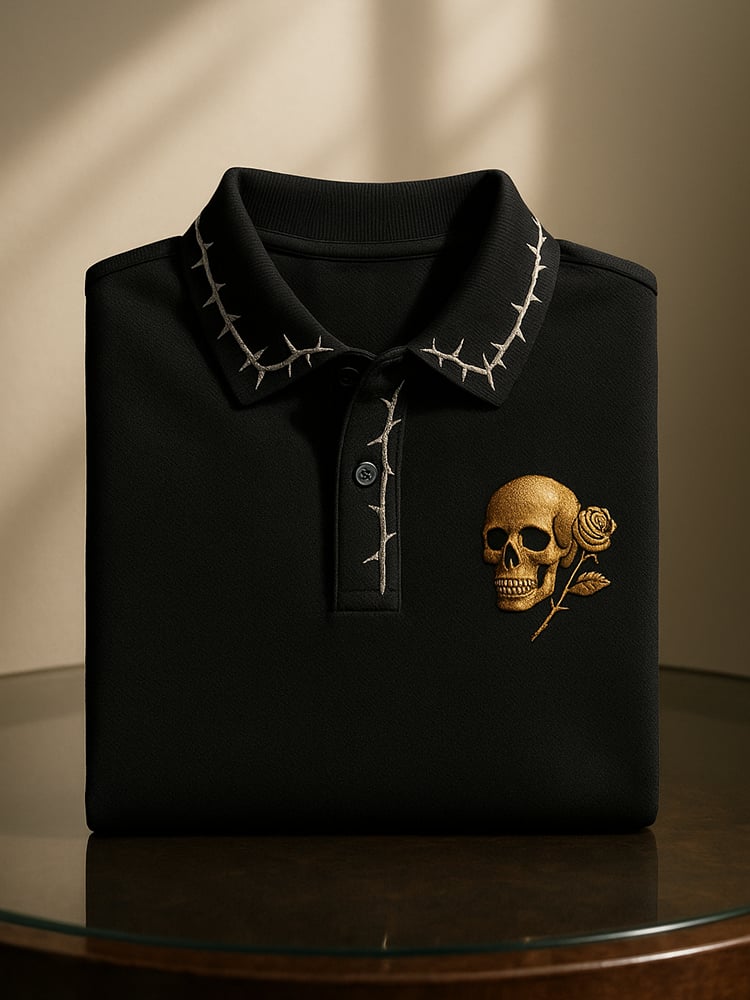 Camisa polo ejecutivo casual Skull estampado con botones para hombre