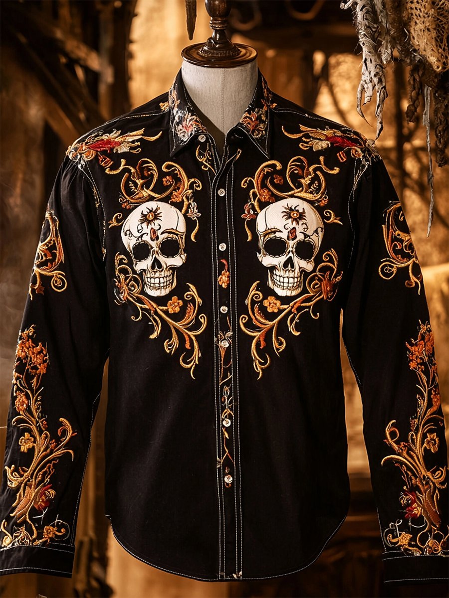 Camisa retro casual Skull estampado de manga larga para hombre