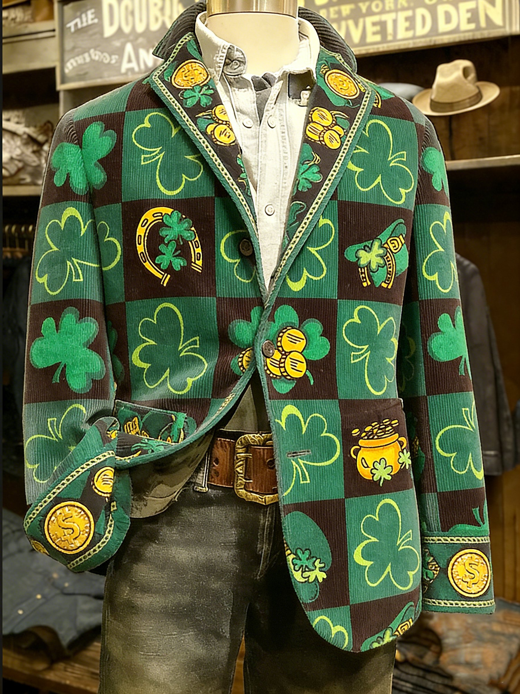 Chaqueta vintage Irish St. Patrick's Day Shamrock Lucky Leprechaun sombreros Horseshoe Pot of Gold estampado casual para hombre