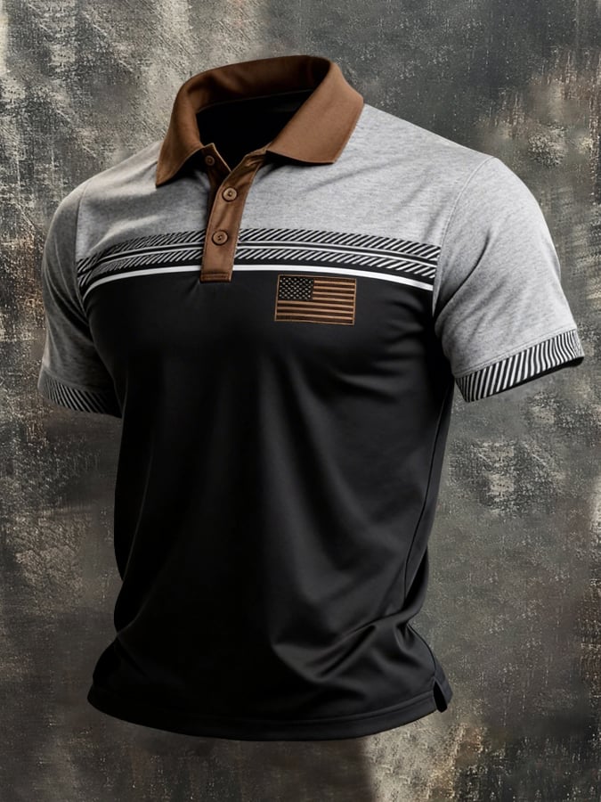 Retro Patriot en bloques de color Polo Collar de manga corta para hombre