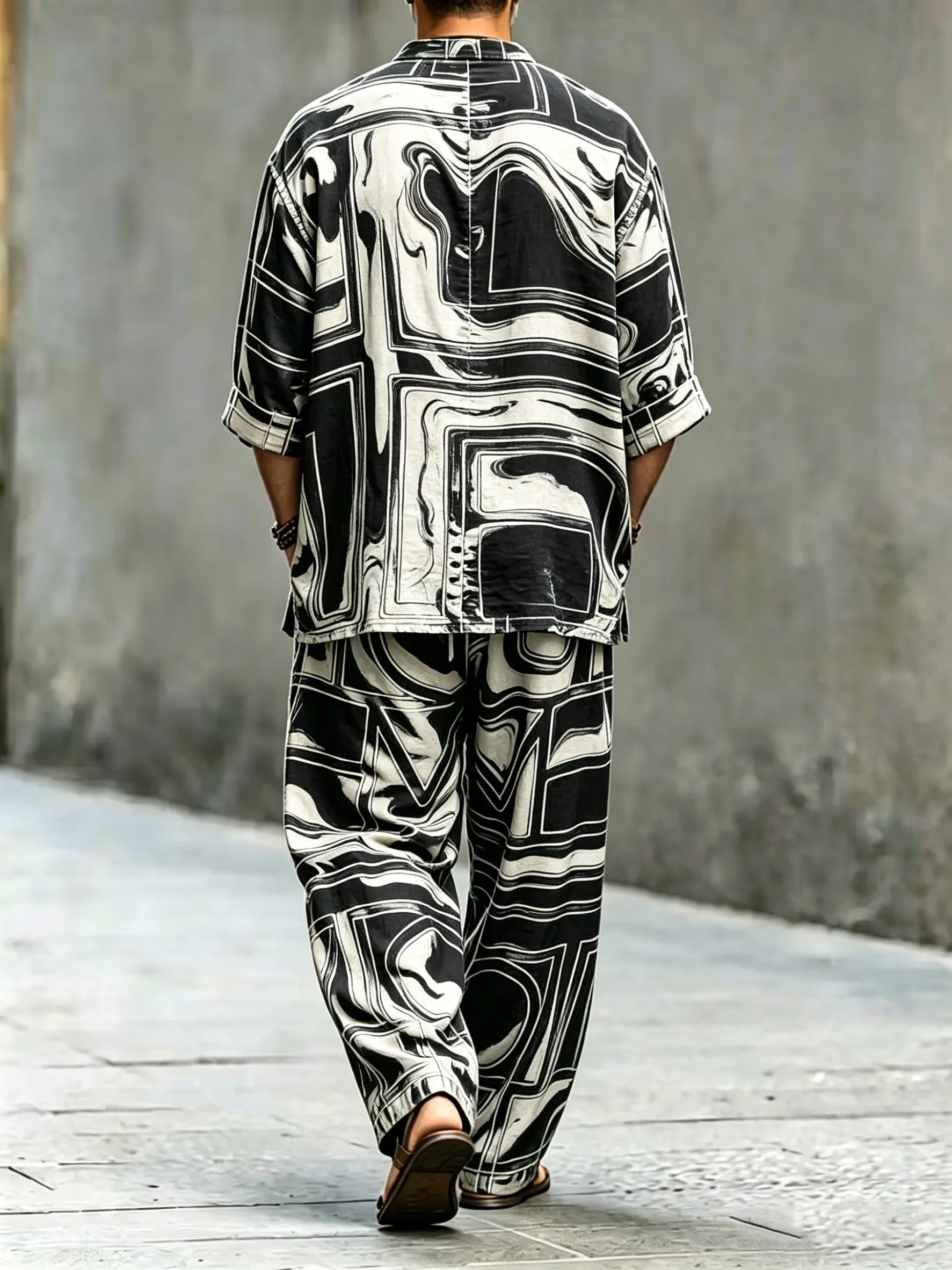 para hombre vintage Abstract Art estampado de algodón camisa Set (Top & pantalón)