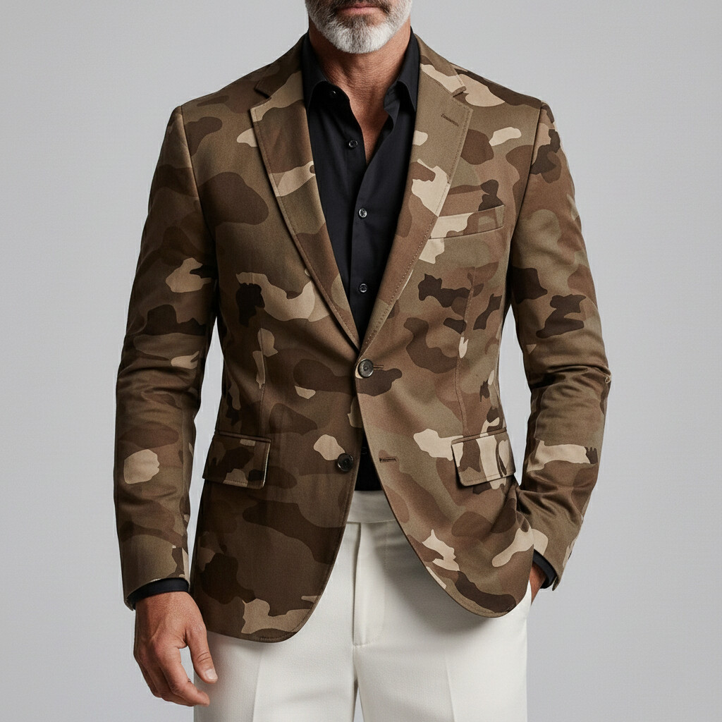 Saco retro Camouflage estampado Notched Lapel Two Button Slim de manga larga para hombre