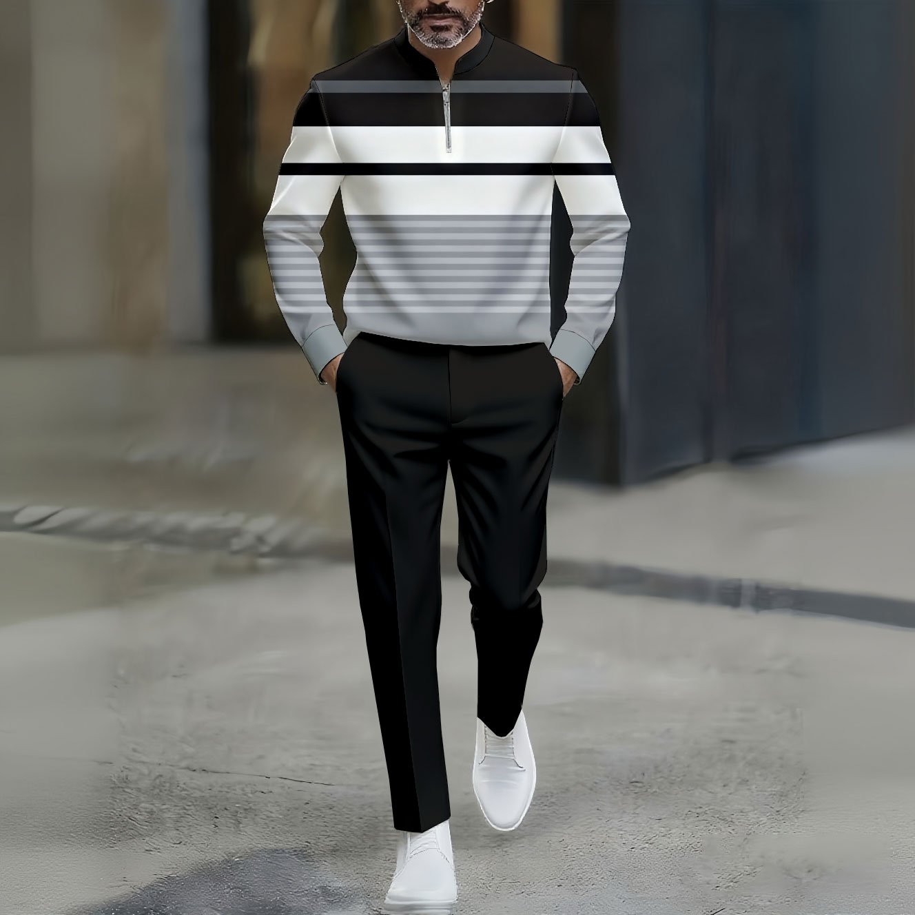 Conjunto de dos piezas casual a rayas estampado Polo Collar Zipper de manga larga pantalón para hombre