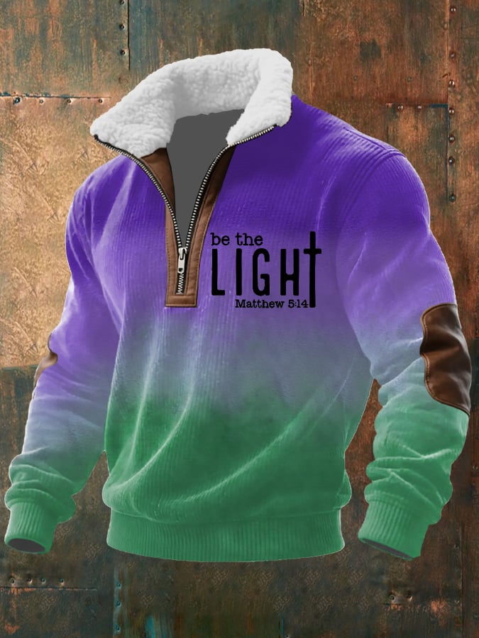 Sudadera vintage Faith "Be The Light" estampado Zip Fur cuello de manga larga texturizado para hombre