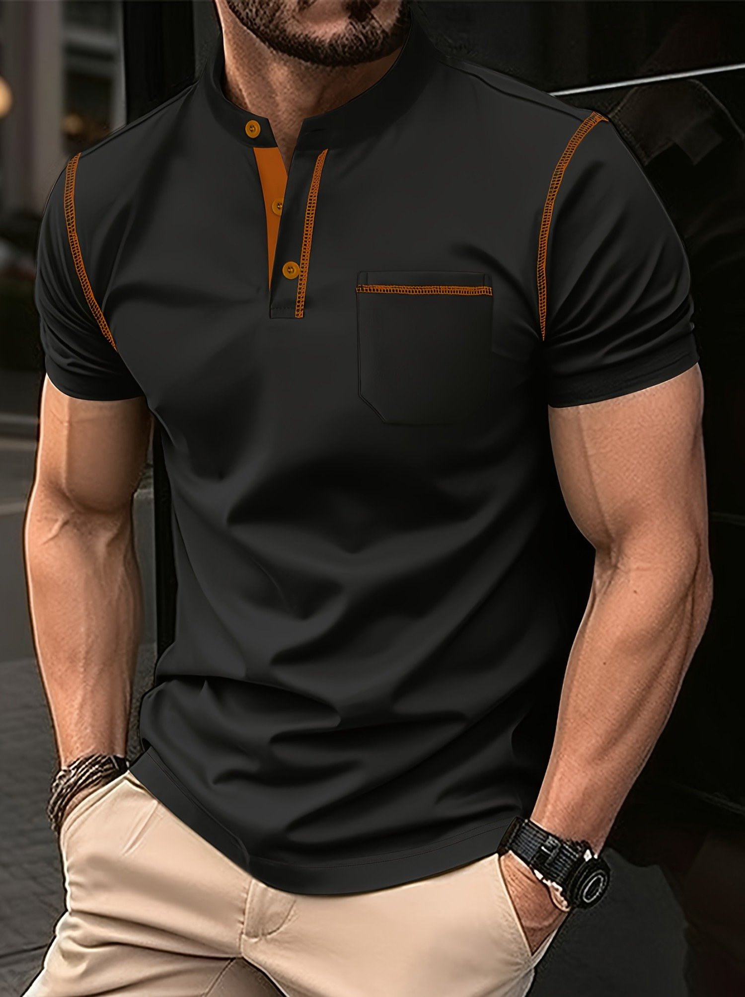 Camisa polo ejecutivo casual a rayas Button de manga corta para hombre