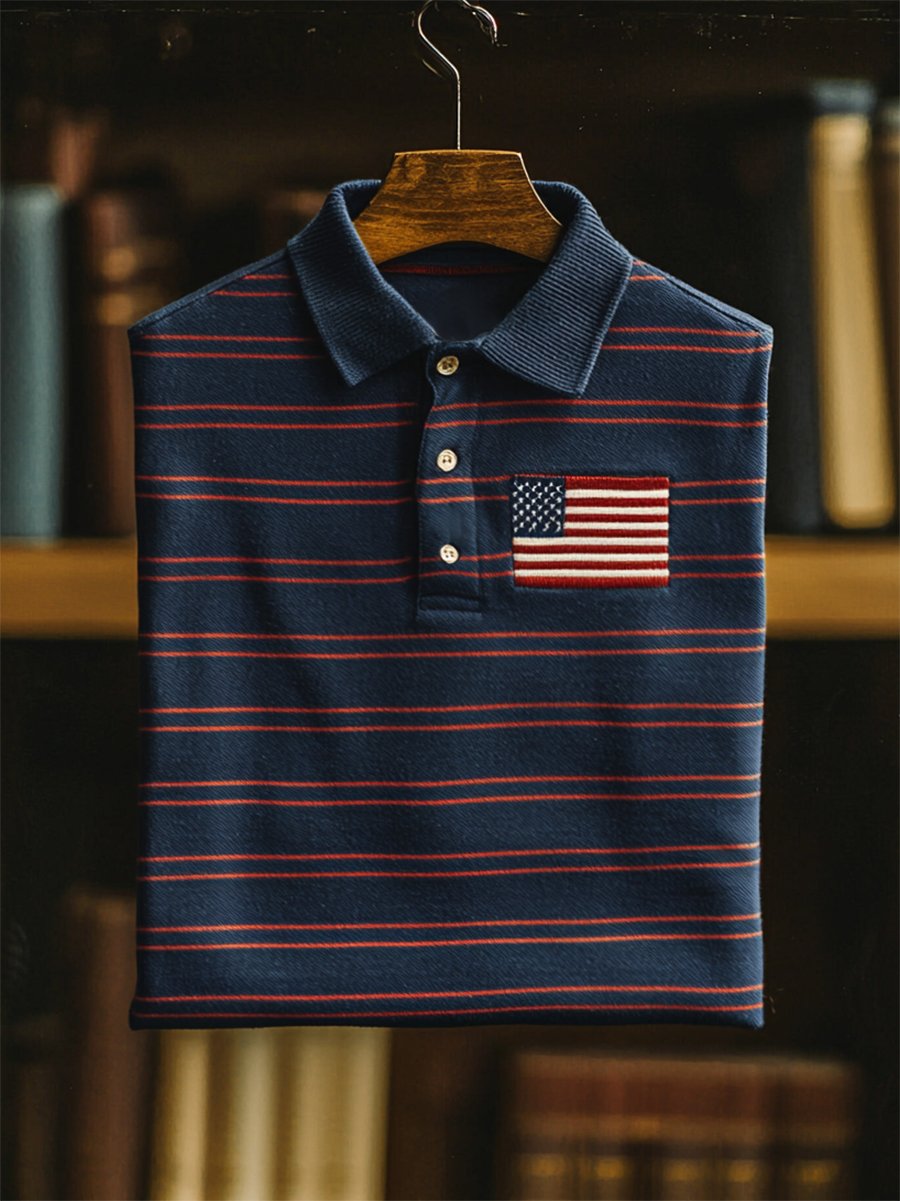 Camisa polo ejecutivo casual Independence Day a rayas Button de manga corta para hombre