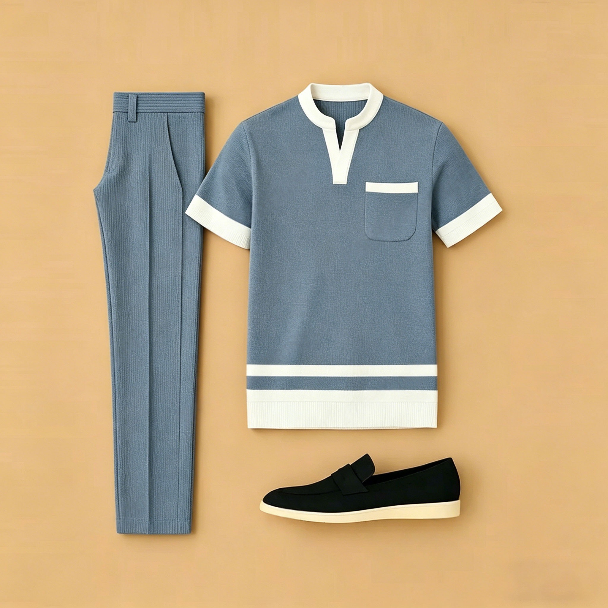 Conjunto de dos piezas casual Blue Geometry estampado de manga corta camiseta And pantalón para hombre