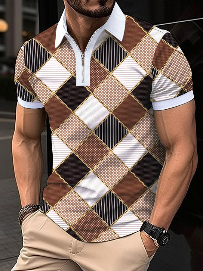 Camisa polo retro a cuadros estampado casual para hombre