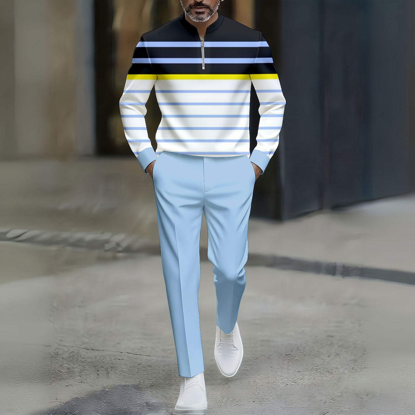 Conjunto de dos piezas casual Blue Color Matching a rayas estampado Round-Neck Zipper de manga larga Trousers para hombre