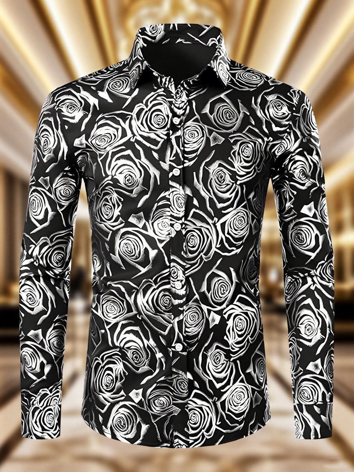 Camisa satén Luxe floral de manga larga con botones para hombre
