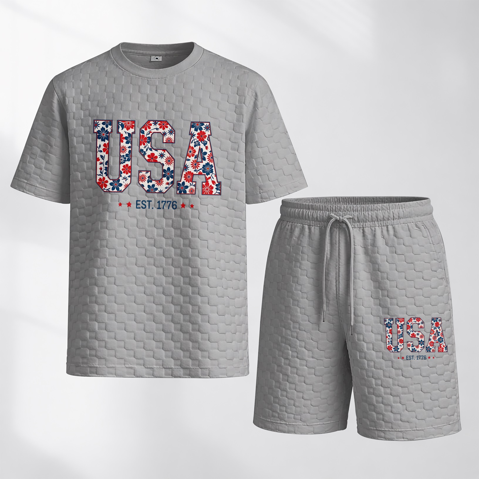 Camisa Spring/Summer USA-estampado a cuadros Drawstring shorts Set—A casual summer outfit featuring a de manga corta and shorts, ideal for both everyday wear and athletic activities para hombre