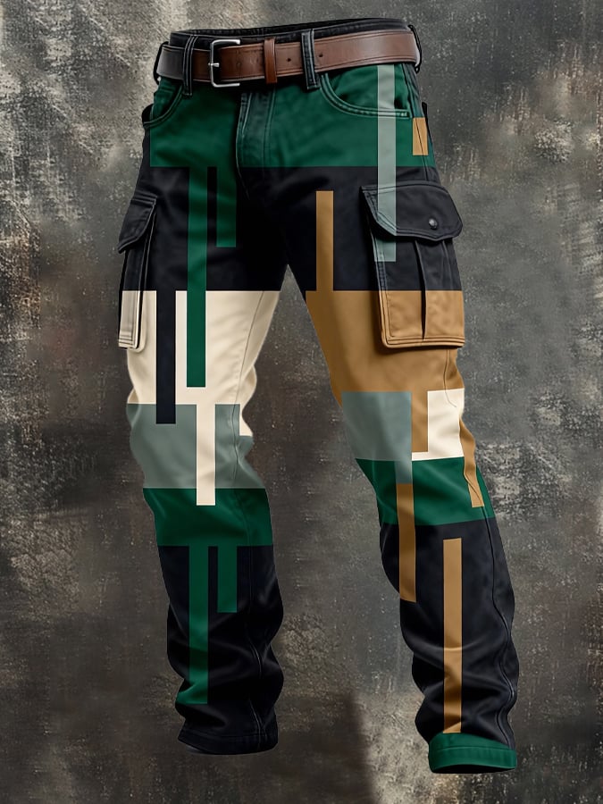 para hombre retro en bloques de color Distressed Pocket Cargo pantalón