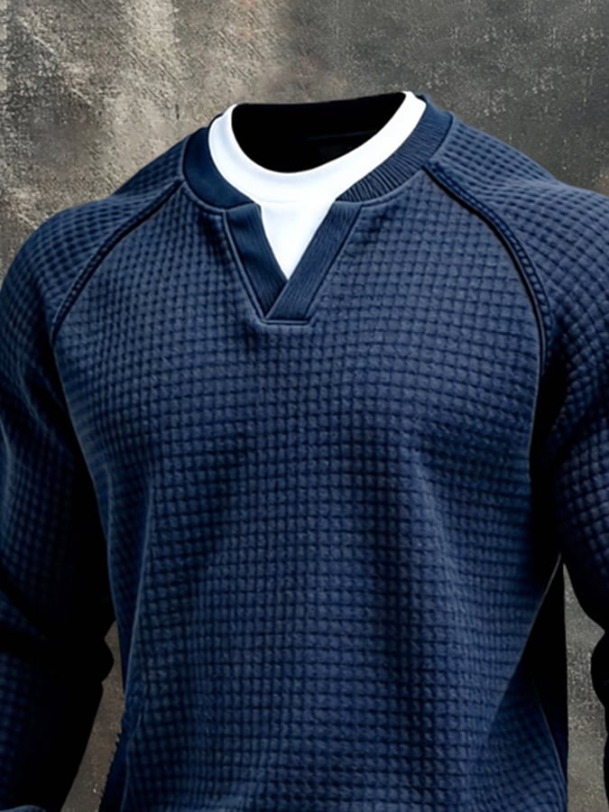 Sudadera vintage tejido tipo waffle Color-Block Faux Two-Piece de manga larga para hombre