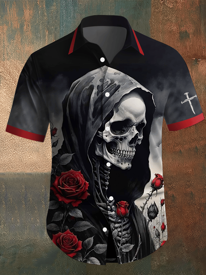 Camisa Dark Skull estampado vintage casual para hombre
