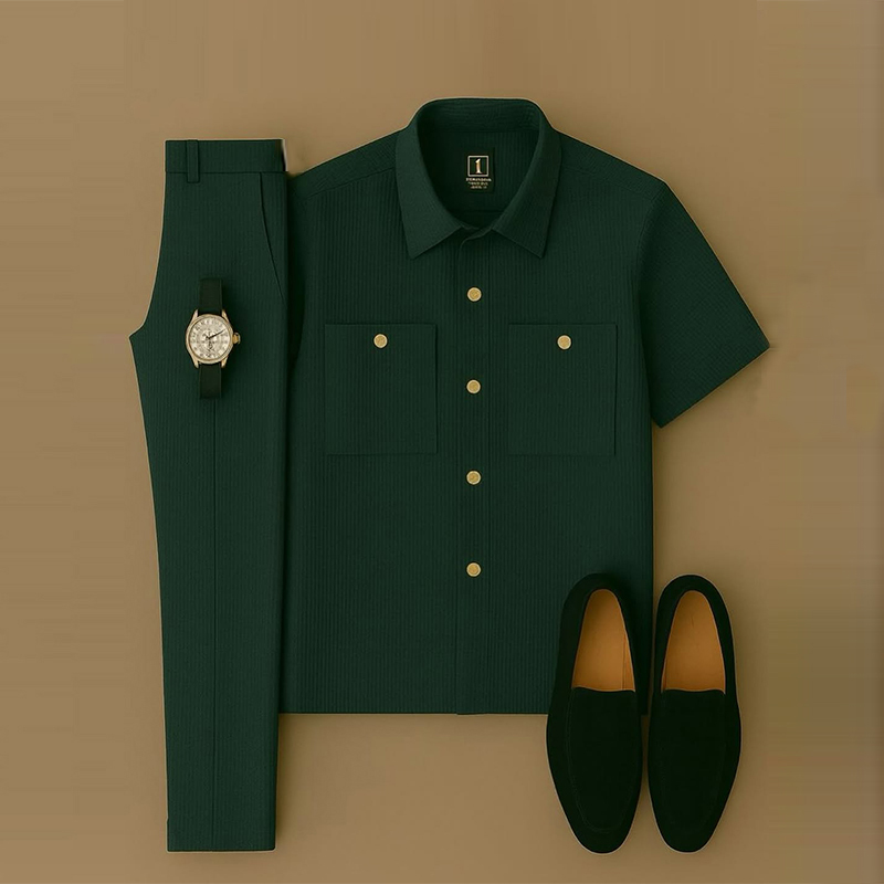 Conjunto de dos piezas casual Dark Green de manga corta Lapel Collar camisa & Trousers para hombre