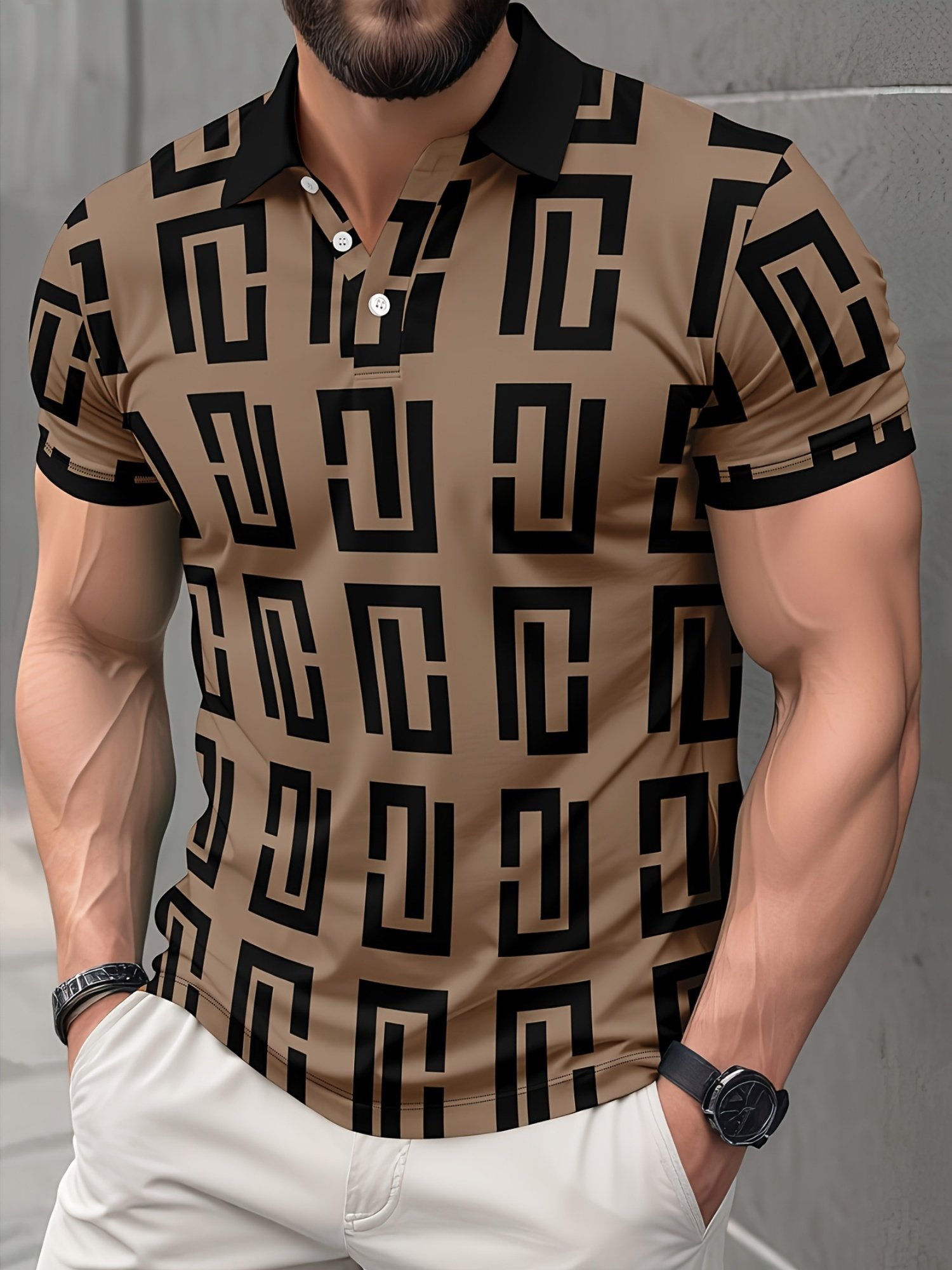 Camisa polo ejecutivo casual a rayas Button de manga corta para hombre