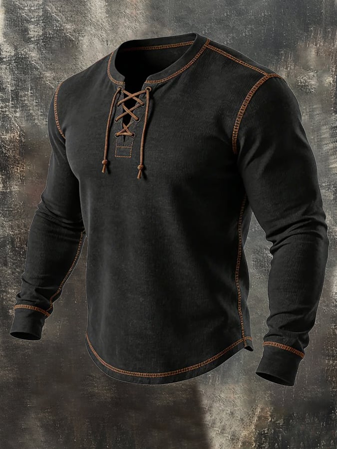 Camiseta vintage Lace-Up de manga larga para hombre