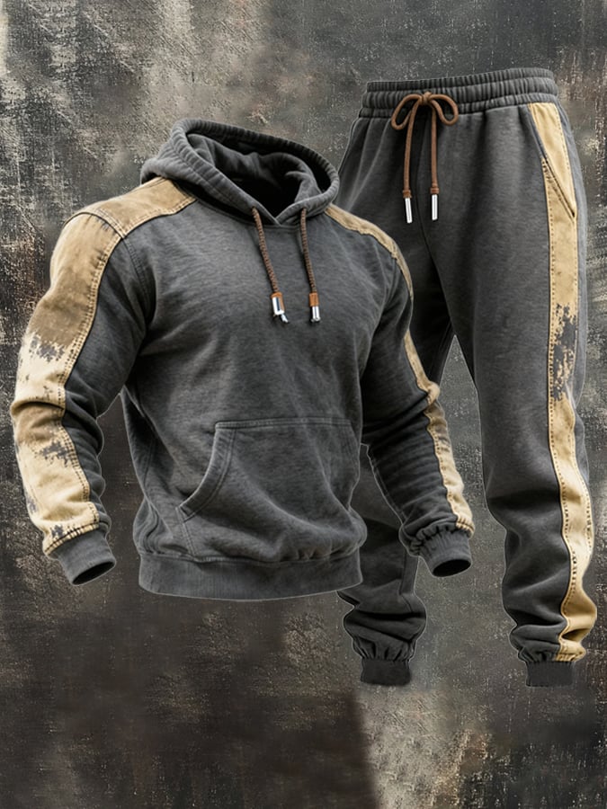 Sudadera retro Contrast Color Stitching Hooded casual Suit para hombre